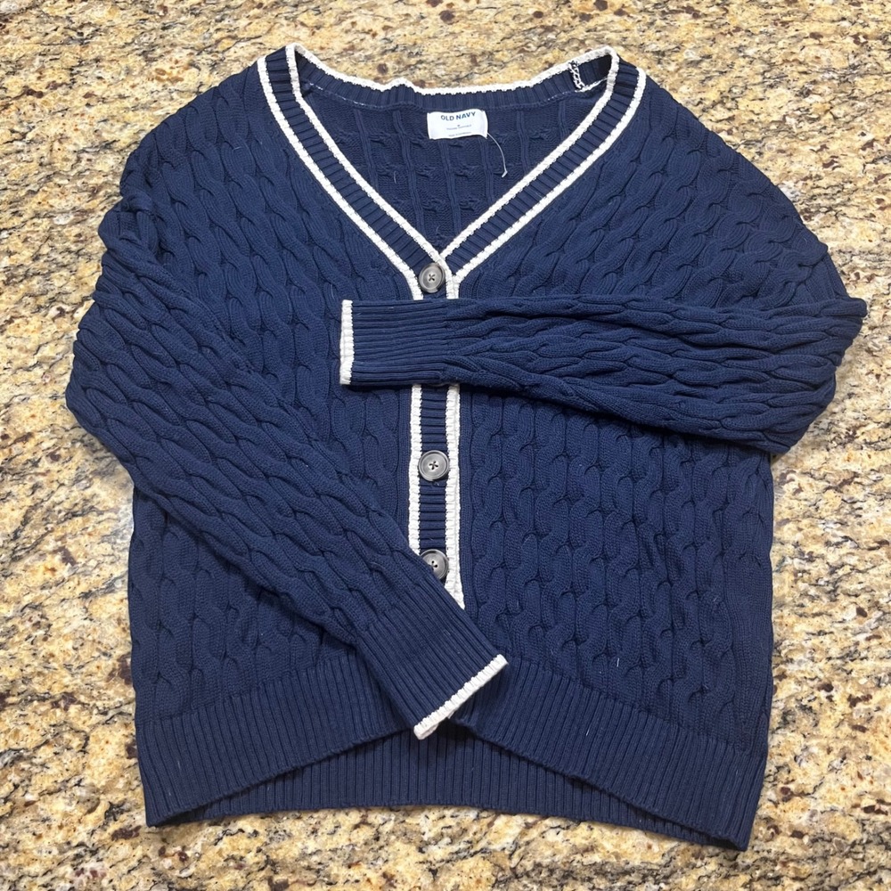 Old Navy Womens Navy Blue Cable Knit Varsity Cardigan Sweater V-Neck Medium